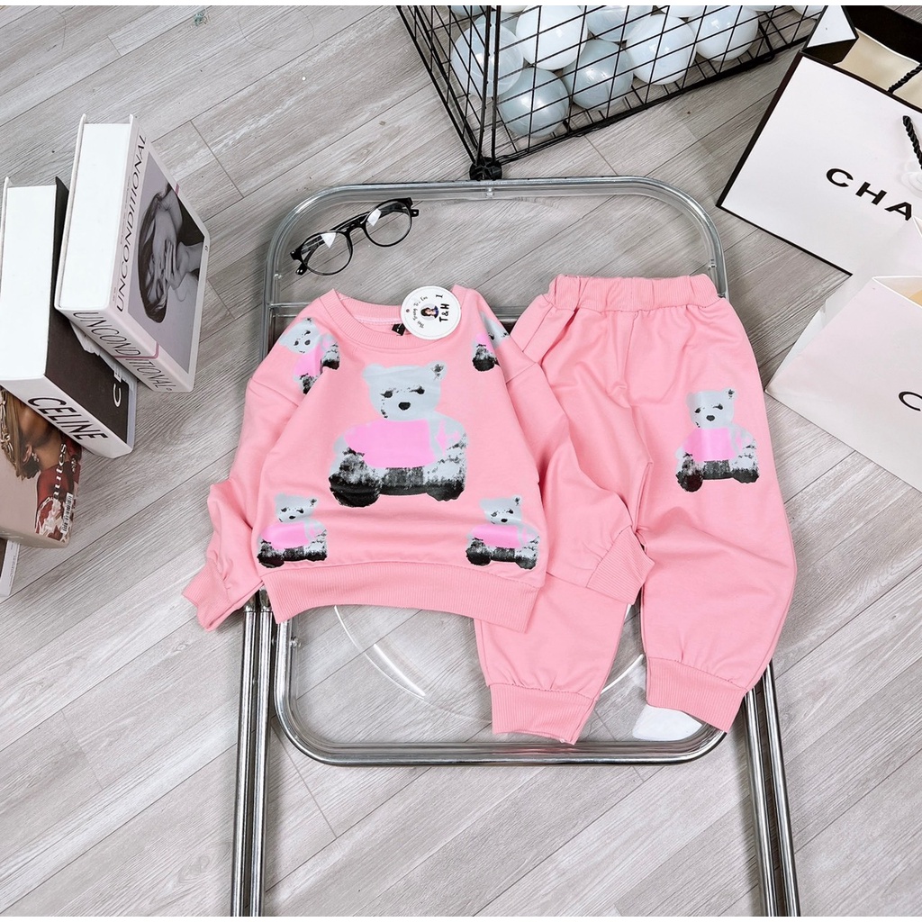 Đồ bộ bé gái Sét thu đông quần áo dài thun nỉ hình gấu cute dễ thương cho bé từ 7 đến 18 kg, SUN KID'S