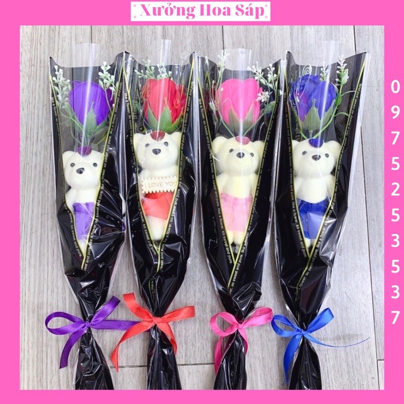 Hoa Hồng Sáp Bó 1 Bông + Gấu Giấy Kính Mẫu Mới Giá Sỉ #HoaSáp (Hình Thật)