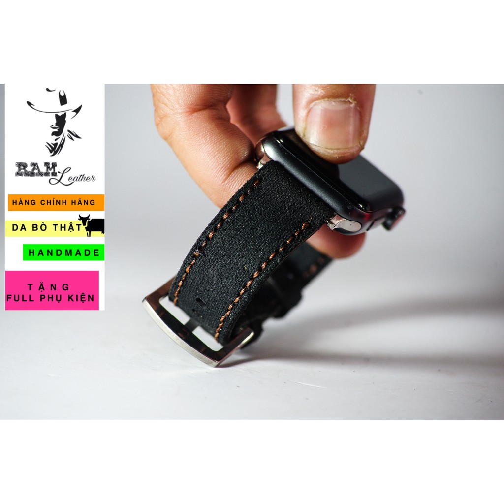 Dây apple watch da bò lộn đen tuyền handmade cực chất RAM Leather classic 1966 - tặng khóa chốt và adapter