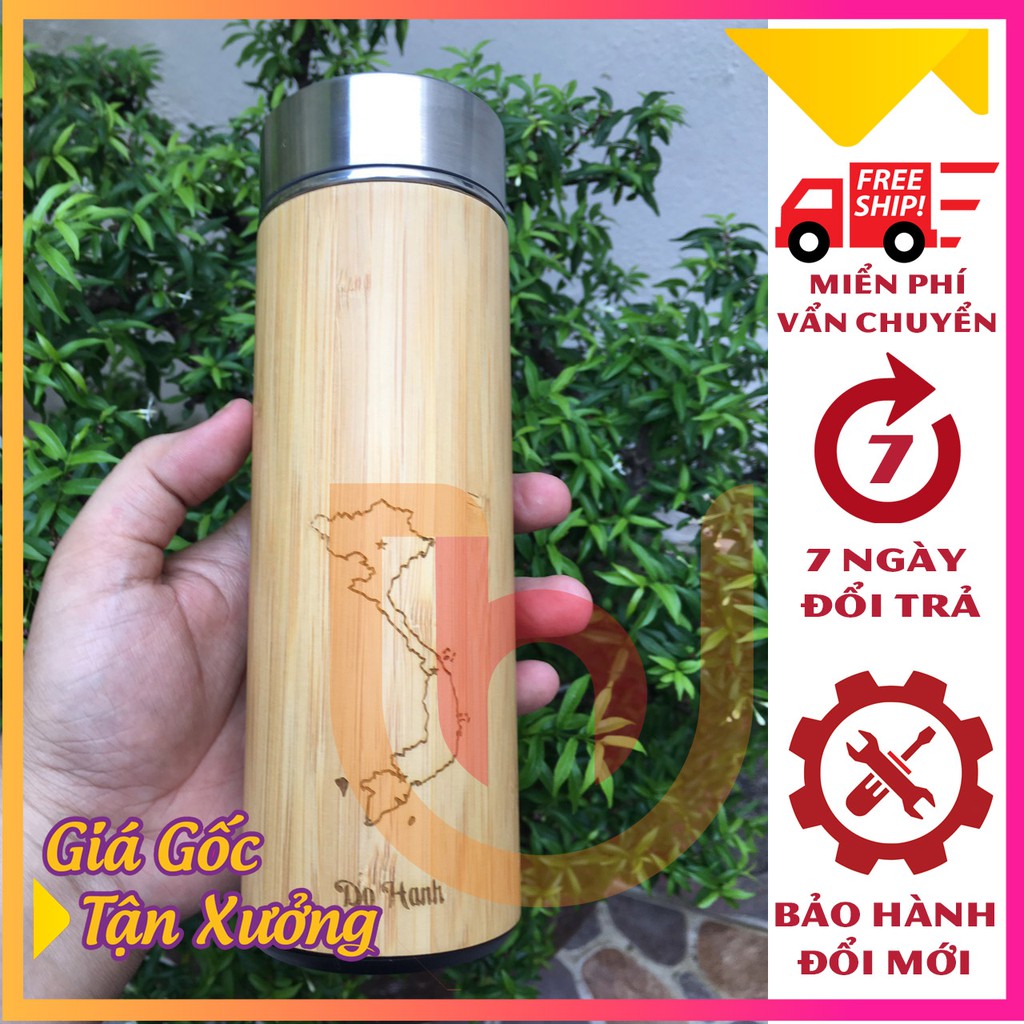 Bình giữ nhiệt vỏ gỗ 450ml khắc hình – khắc tên – khắc logo theo yêu cầu