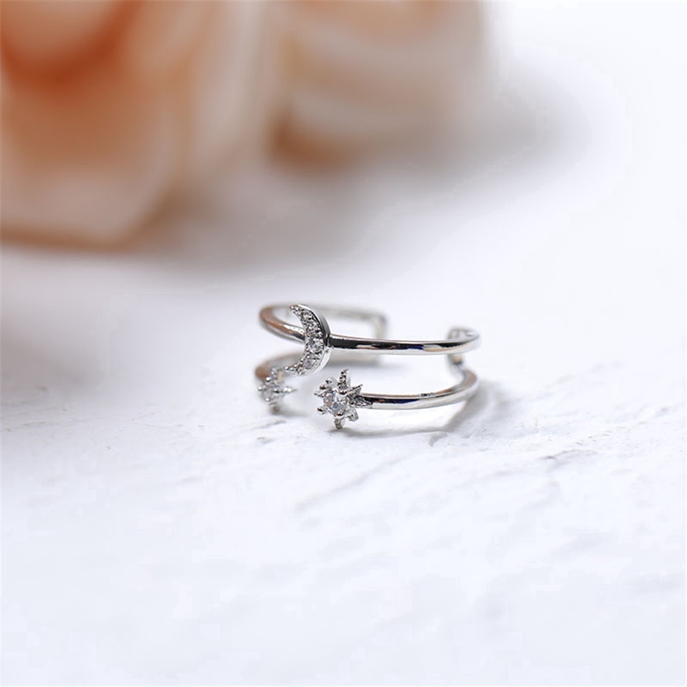 Nhẫn Mở Thiết Kế Nhiều Lớp Hình Ngôi Sao Và Mặt Trăng Phong Cách Hàn Quốc