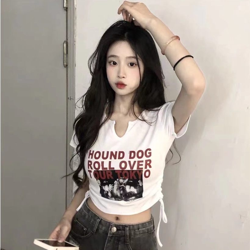 Áo thun lửng ZHELIHANGFEI tay dài phối dây rút thời trang dành cho nữ