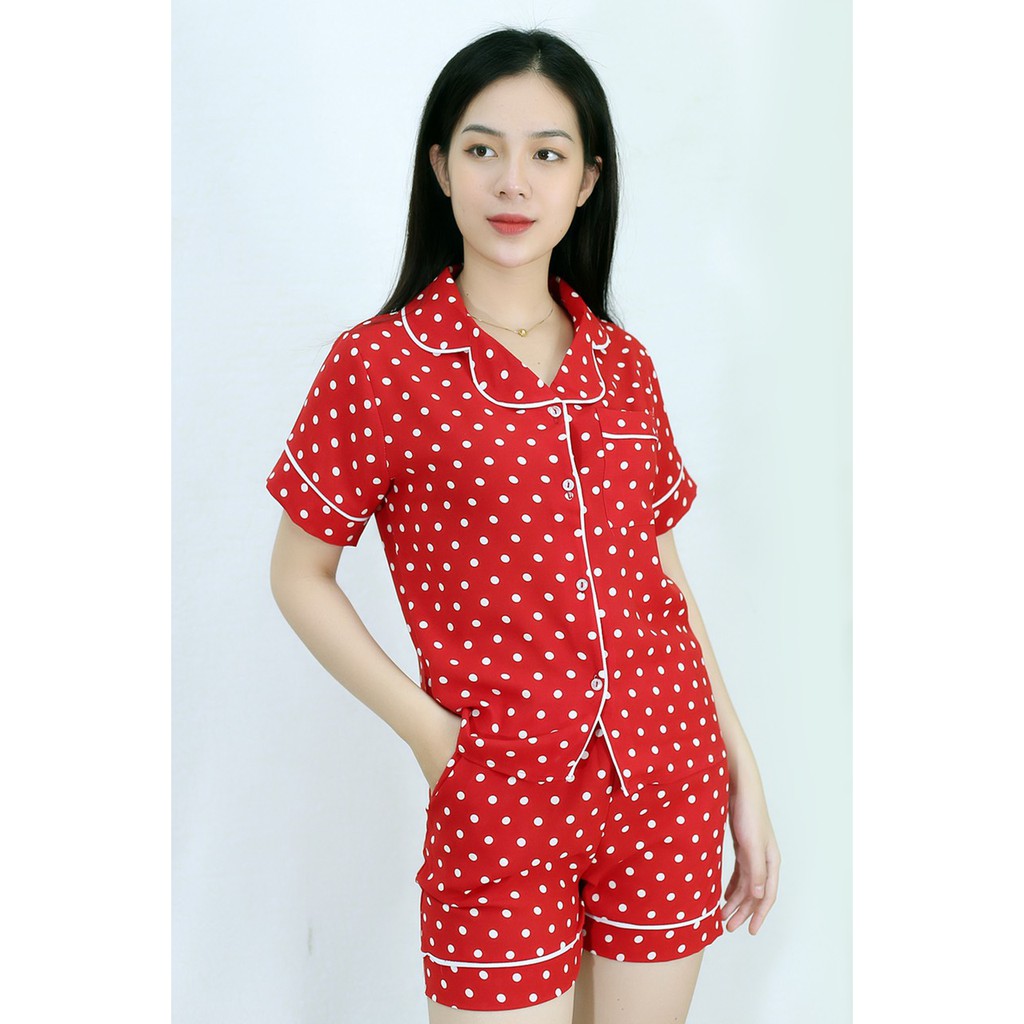 [HÌNH THẬT 100%] Bộ đồ bộ ngắn ĐỎ CHẤM BI TRẮNG - vải lụa cotton cao cấp - Cực Kì Sang Chảnh