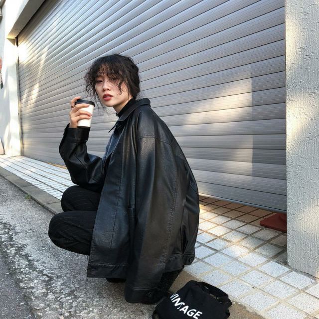 Áo khoác da unisex cổ sơ mi dáng thụng thanh lịch ulzzang