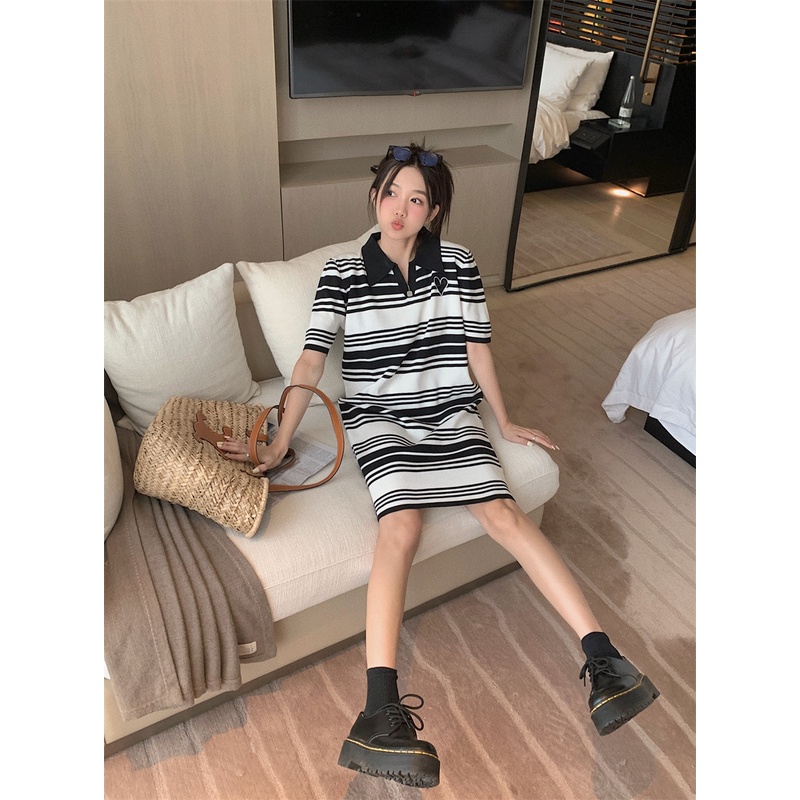 Đầm thun polo XIAOZHAINV dáng rộng họa tiết kẻ sọc phong cách cổ điển Hàn Quốc thời trang mùa hè dành cho nữ