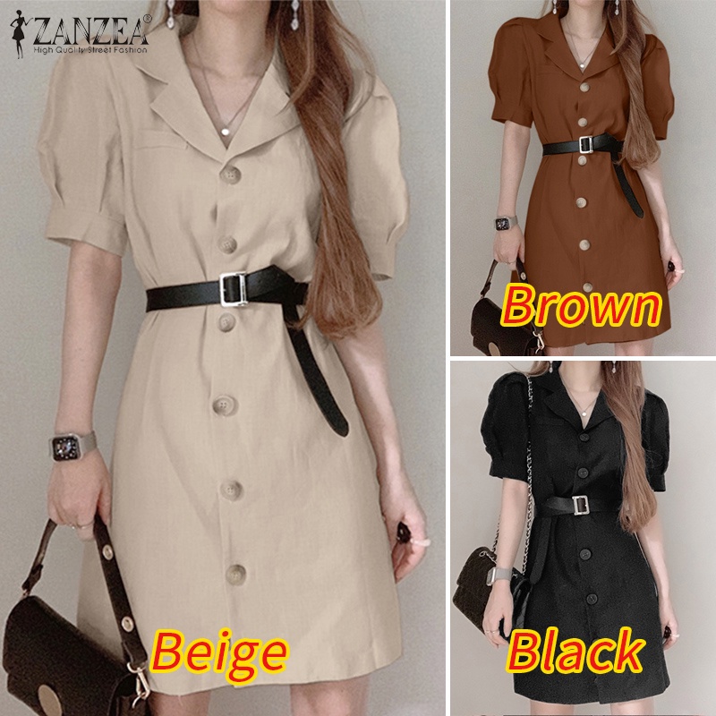 Zanzea Đầm Midi Ngắn Tay Cổ Bẻ Thời Trang Vintage Đường Phố Cho Nữ (Không Kèm Thắt Lưng)