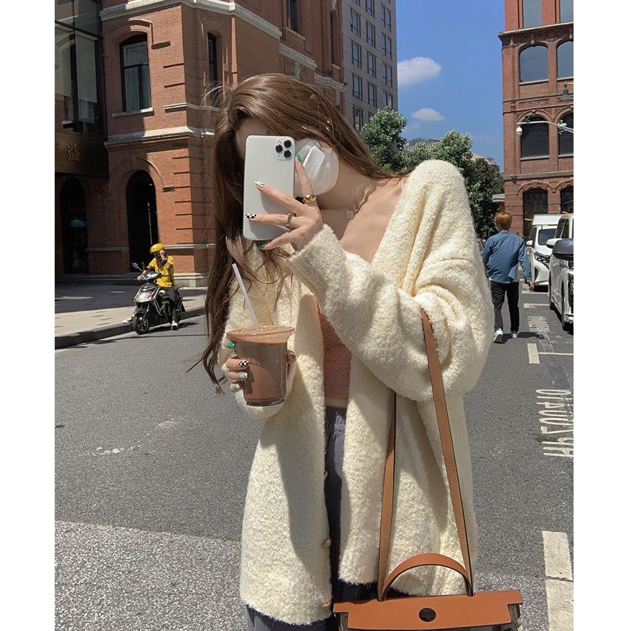 Áo khoác cardigan dệt kim cổ chữ V tay dài dáng rộng thời trang thu đông