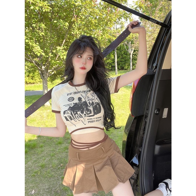 Áo Croptop Body Tay Ngắn ALOHASHOP91 Dáng Ôm Dây Đan Eo In Hình XINH XẮN