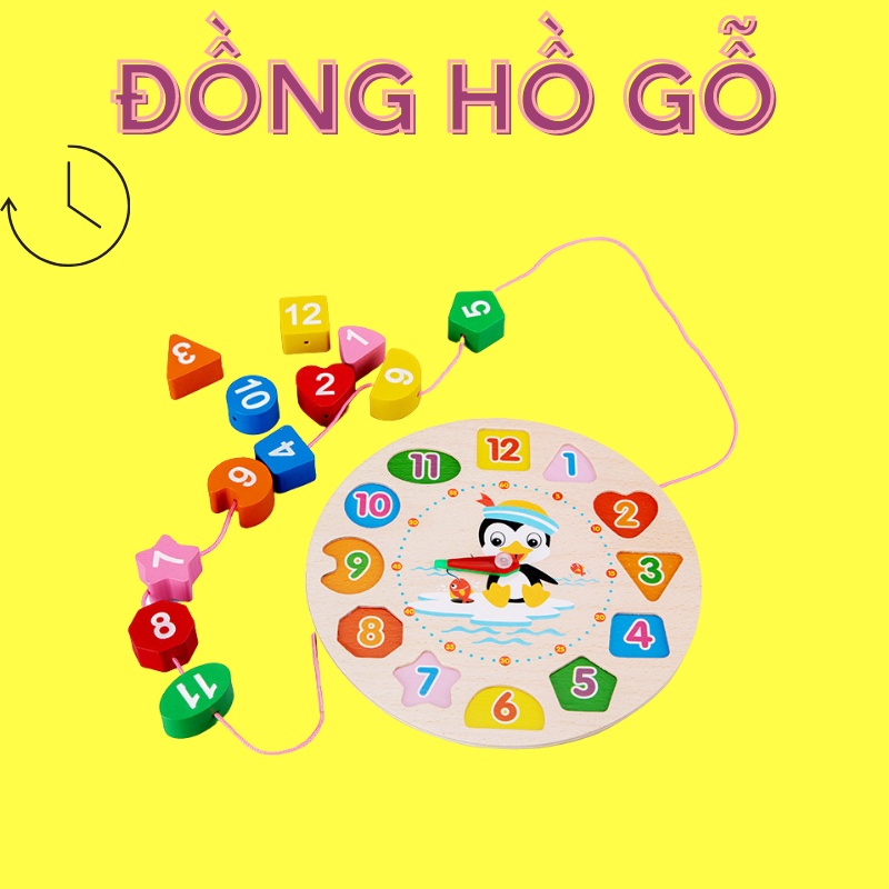 ĐỒ CHƠI ĐỒNG HỒ GỖ ĐA NĂNG CHO BÉ- Đồng hồ xâu hạt xem giờ cho bé