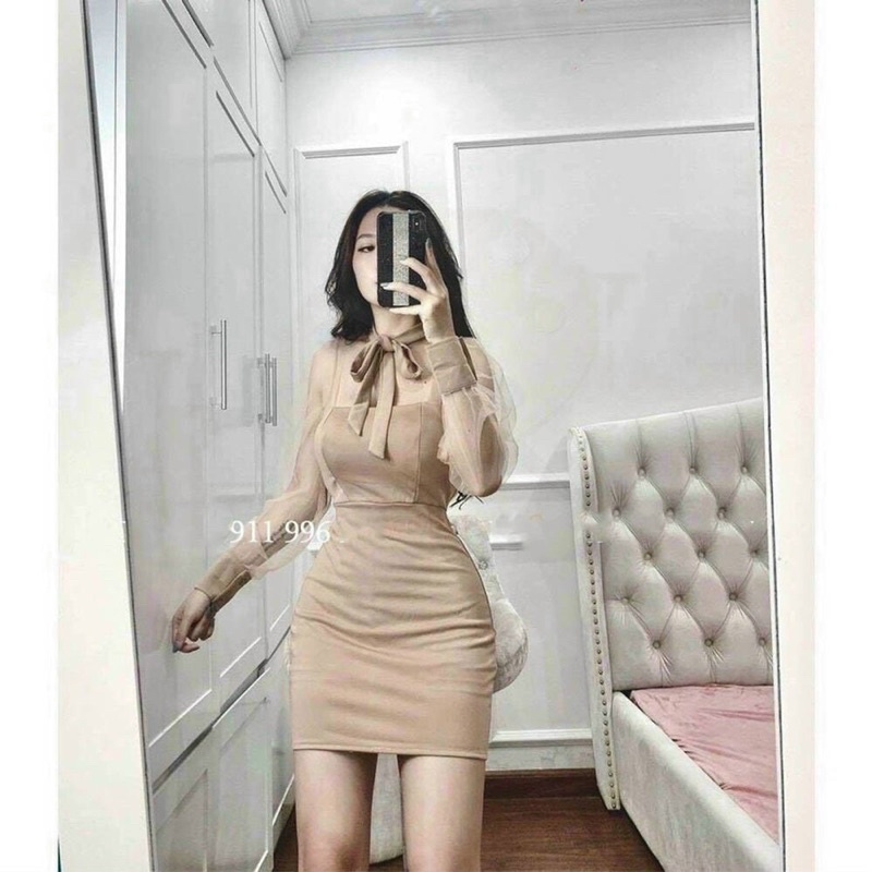 Đầm body cột nơ cổ tay dài phối lưới
