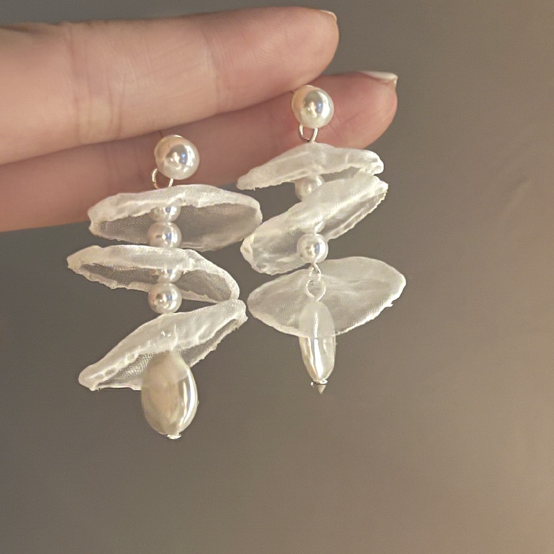Bông Tai chiffon Đính Ngọc Trai Phong Cách Thần Tiên vintage Pháp