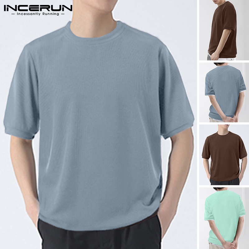 Áo thun INCERUN trơn tay ngắn dáng rộng 3 màu sắc tùy chọn đơn giản dành cho nam giới