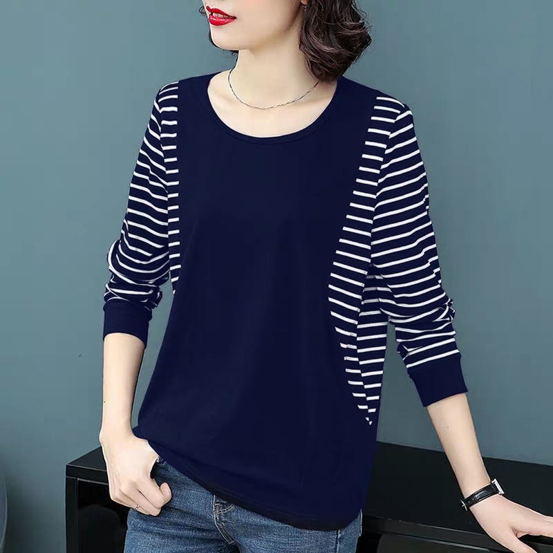 Áo Thun Tay Dài Cánh Dơi Họa Tiết Kẻ Sọc Plus Size Cho Phụ Nữ Trung Niên