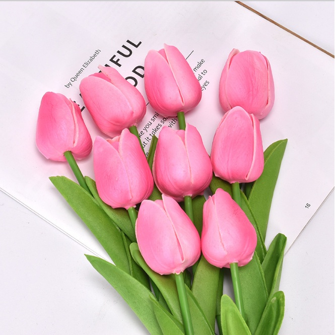 Hoa giả-Com bô 10 bông hoa tulip cao cấp lá thẳng trang trí nhà cửa, bàn làm việc, kệ sách