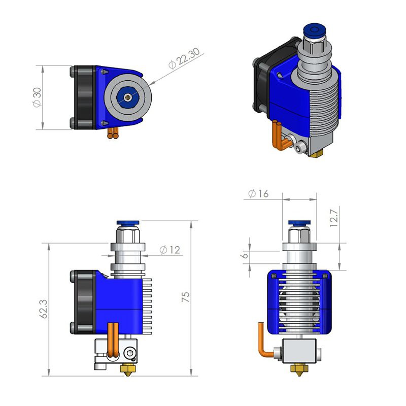 Bộ đùn nhựa V6 1.75mm chuyên dụng cho máy in 3D Prusa i3 Reprap