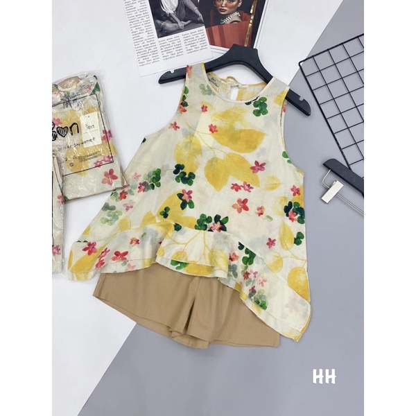 Set bộ áo vitage ngắn tay hoa vàng + quần váy nâu bánh bèo hot trend Ulzzang thời trang nữ