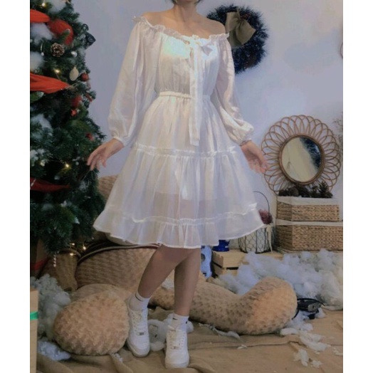 Đầm - Váy voan trắng trễ vai tầng 2 lớp thắt nơ tiểu thư siêu xinh. MET SHOP 1989
