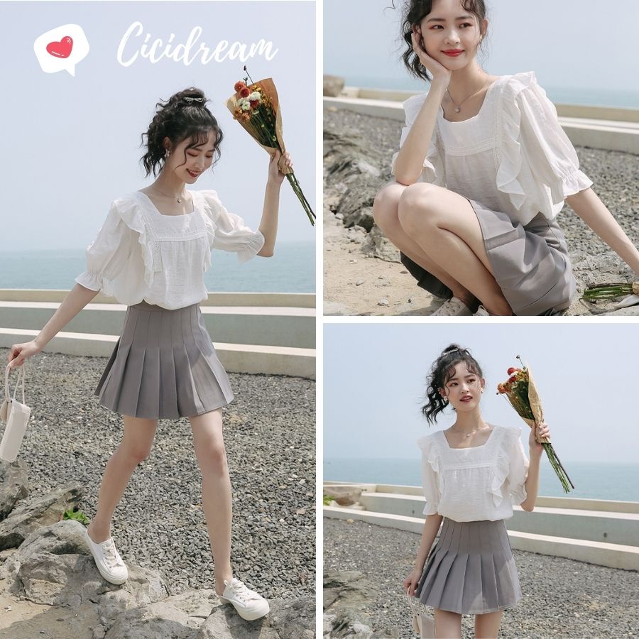 Áo sơ mi nữ trắng babydoll cổ vuông cộc tay ren phối bèo 2 bên yori, Áo sơ mi nữ trắng tay lỡ bo phối bèo ngực cổ vuông