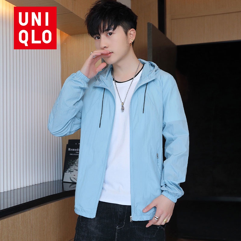 Uniqlo Áo Khoác Khóa Kéo Có Nón Trùm Đầu Màu Sắc Trơn Thoáng Khí Chống Tia UV Dành Cho Nam