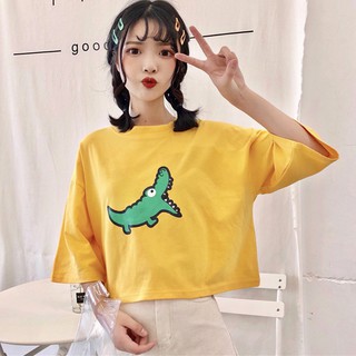 Áo thun dáng ngắn màu trơn có hình cá sấu thời trang nữ Hàn Quốc