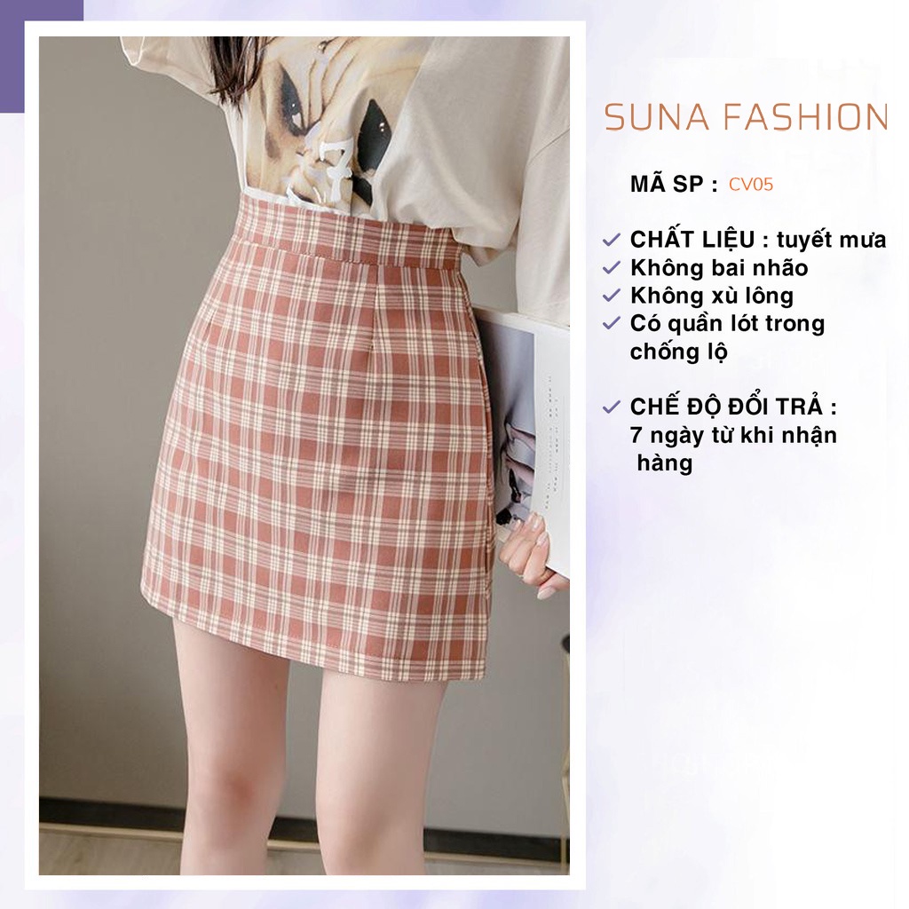 [Quà tặng là kẹo]Chân váy chữ A lưng cao hoạ tiết caro, Chân váy ngắn công sở SUNA FASHION ôm dáng từ 42 - 60kg