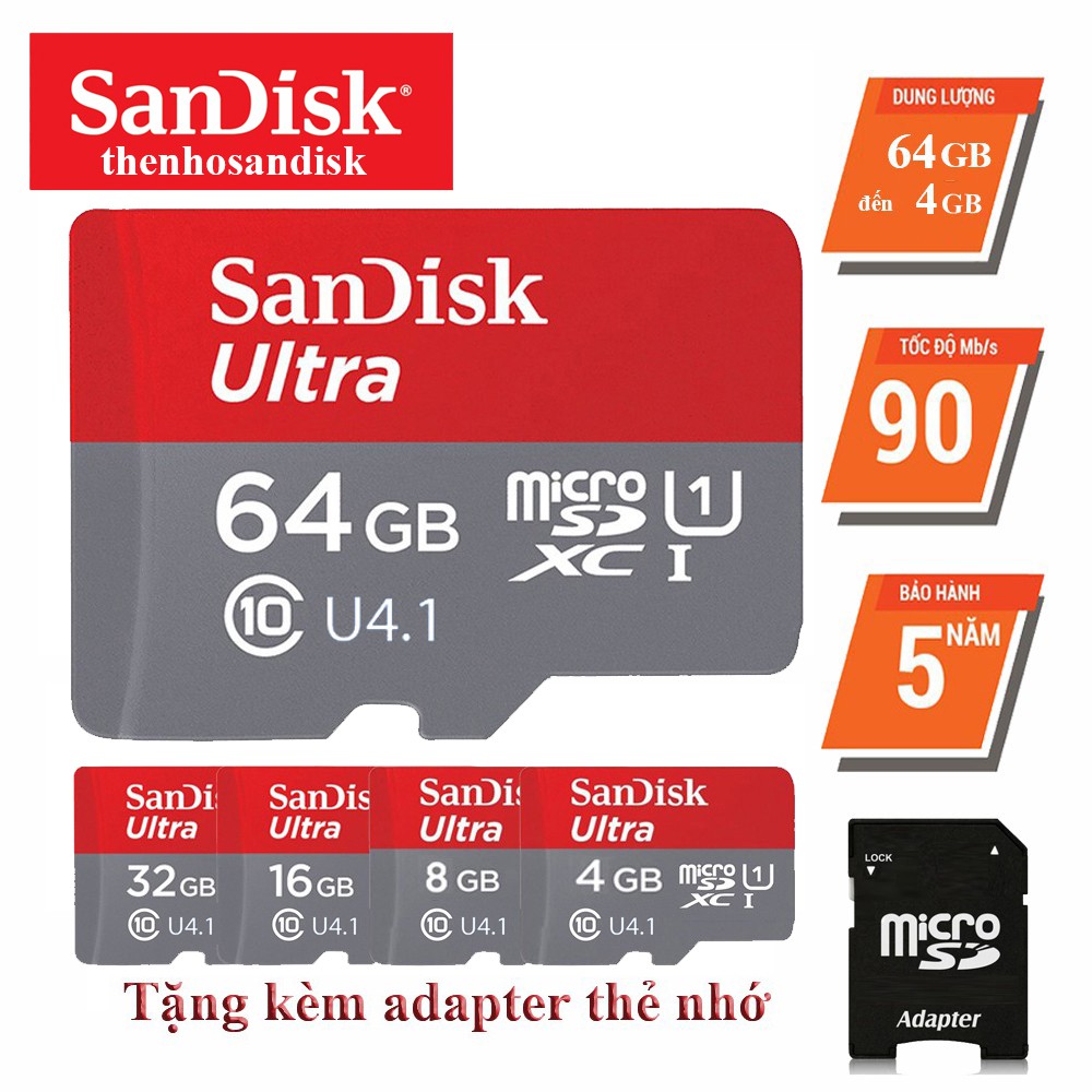 Thẻ nhớ SanDisk 64GB/32GB/16GB/8GB/4GB Ultra Class 10 667x 100MB/s, Chuyên dụng camera Yoosee,camera IP - Bảo hành 5 năm