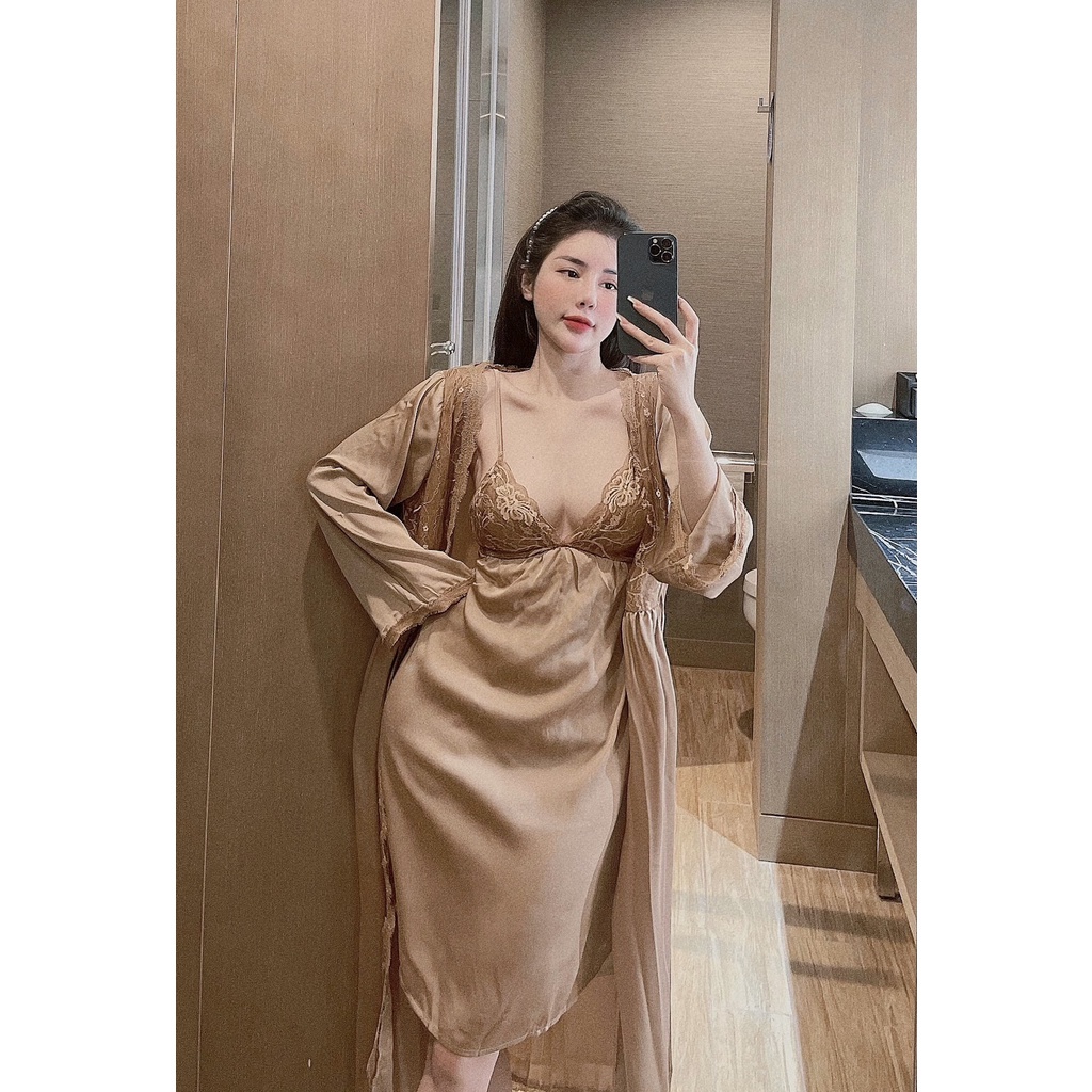 Đầm Ngủ 2 Dây Phối Ren Sexy Kèm Áo Choàng Dài Lụa Cao Cấp Freesize
