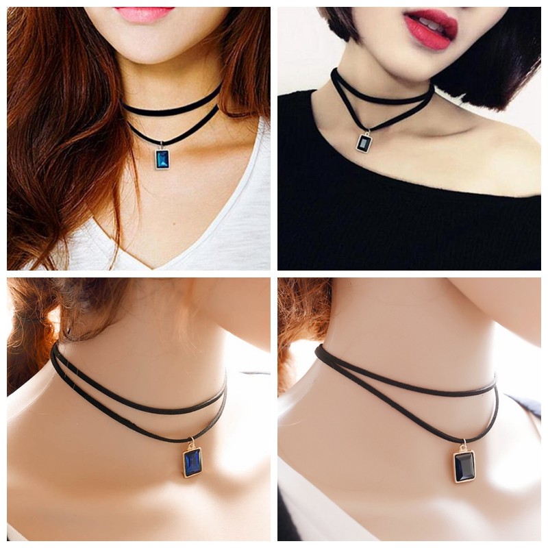 Vòng tay choker màu đen phối ren nhung cổ điển phong cách gothic đính đá pha lê đẹp mắt