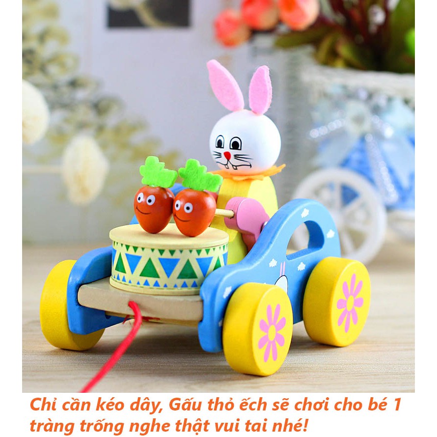 Xe kéo đồ chơi cho bé xe đánh trống bằng gỗ 3 mẫu gấu thỏ ếch