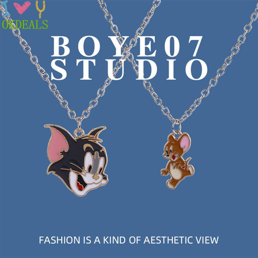 OKDEALS New Couples Men Women Paired Pendants Necklace Cute Fashion Jewelry Hip Hop Chain Student Sisters Girlfriend Cat and Mouse Cartoon Alloy Girl Accessories