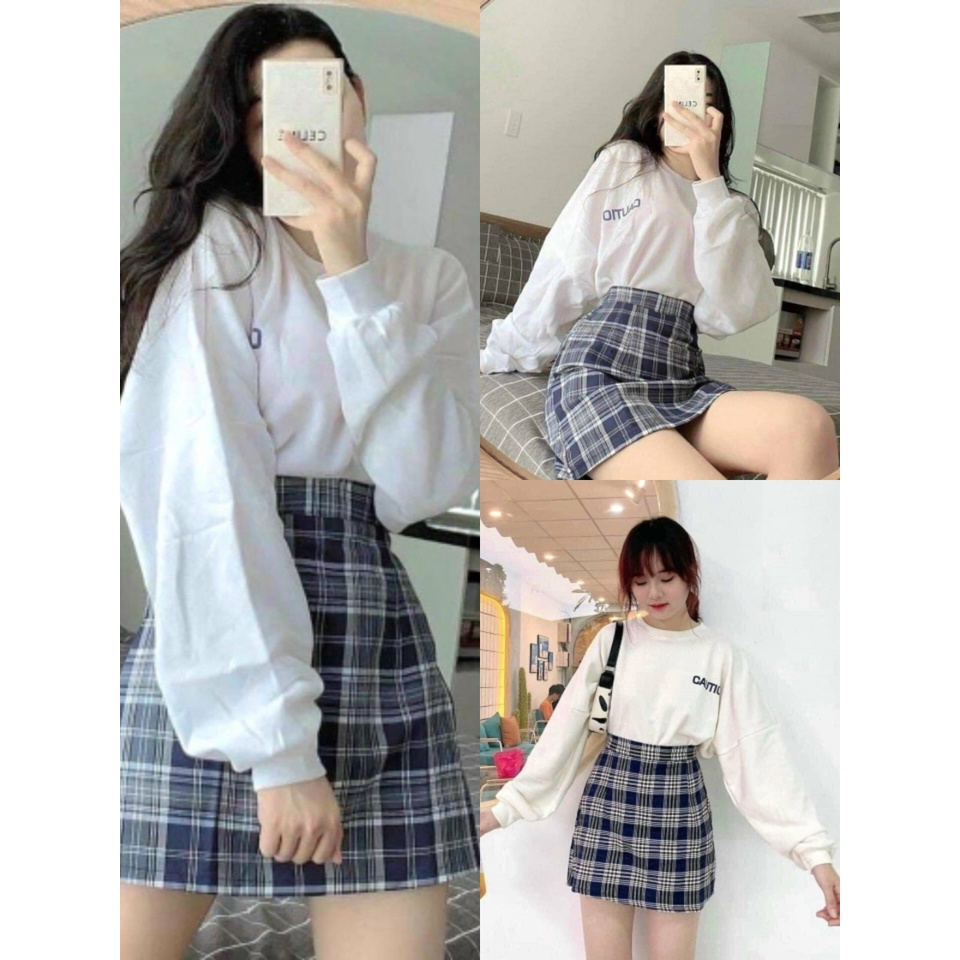 Bộ Chân Váy Kẻ Áo Thun CAUTIO,Váy Kẻ Caro Kèm Áo Phông Dài Tay