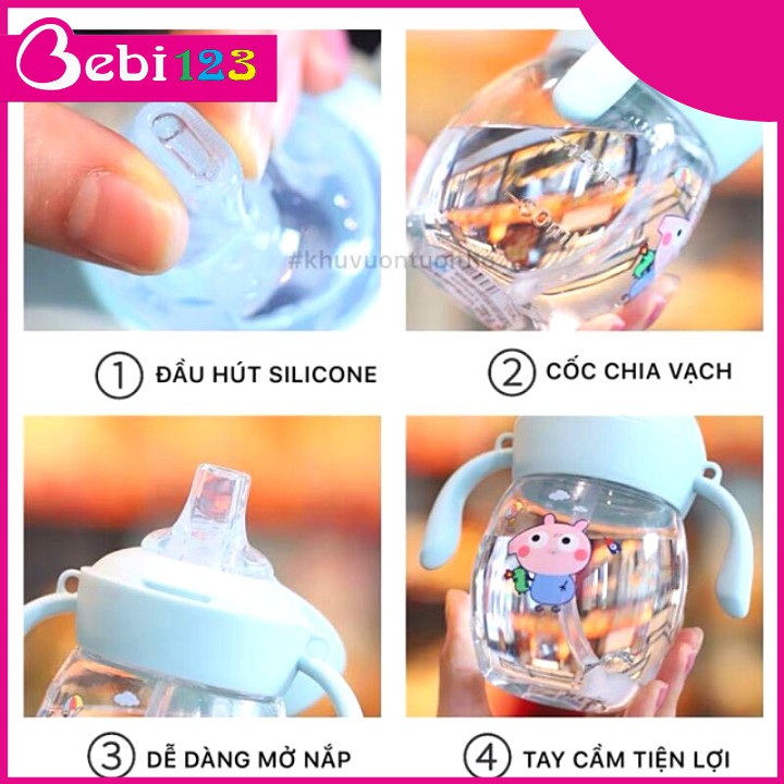 Bình uống nước tập hút chống sặc Peppa Duck Beak kèm tay cầm 280ml cho bé