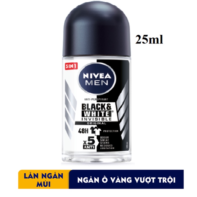 (25ml) Lăn Ngăn Mùi Nivea Men 5in1 Ngăn Vệt Ố Vàng Vượt Trội Black &amp; White