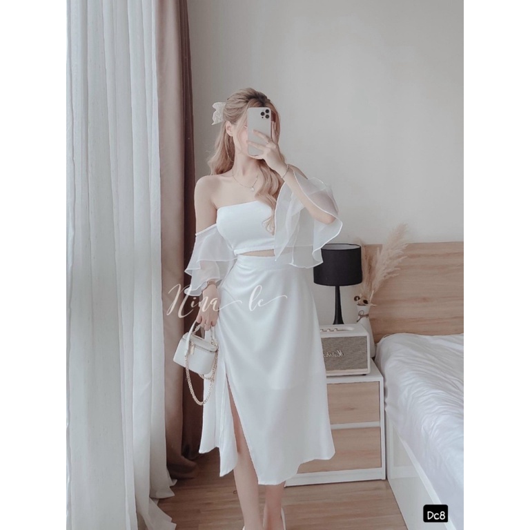 (Free ship) Mẫu Đầm Hot Trend -- Sét Váy UMI PHối Voan Kiếng Áo CROPTOP Trễ vai Váy Chẻ Siêu Sang Trọng Siêu XInh UP VLT