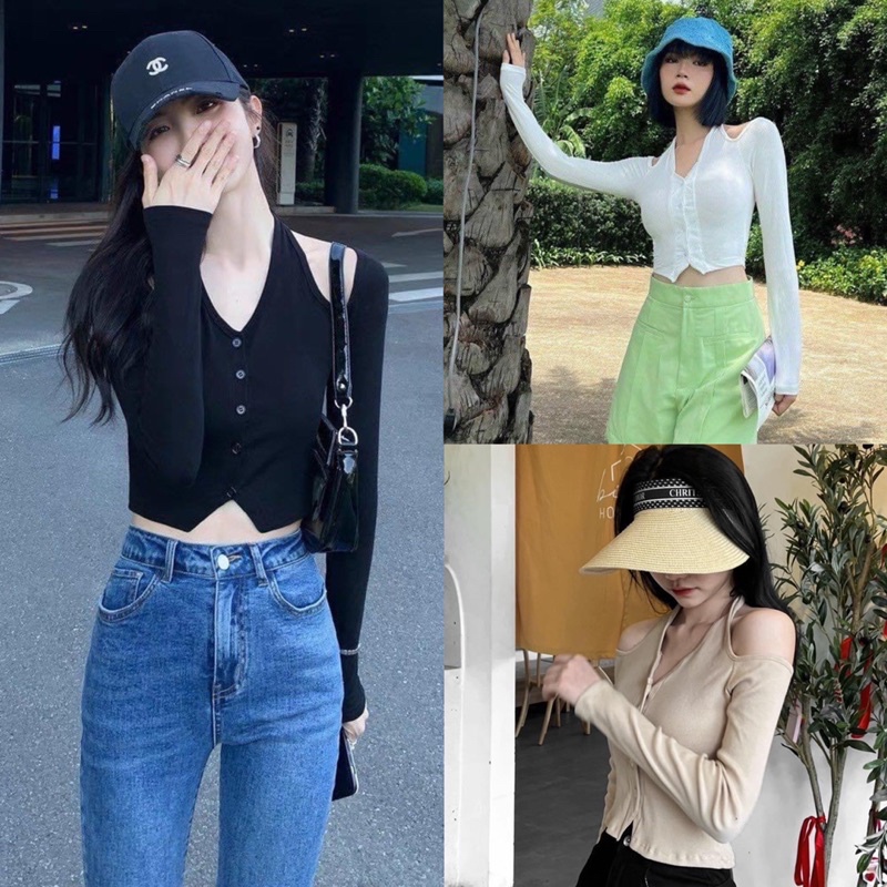 Áo Croptop Tay Dài Phối Nút Cổ Yếm Khoét Vai Sexy YUMI BÁN SỈ