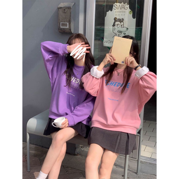 Áo nỉ cổ tròn dáng rộng in chữ mới phong cách Hàn Quốc dễ phối đồ cho nam và nữ