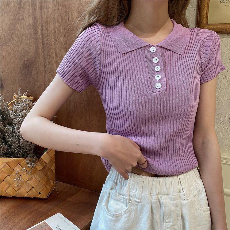 MS551 Áo polo len nữ đóng cúc, áo len nữ cộc tay cổ bẻ