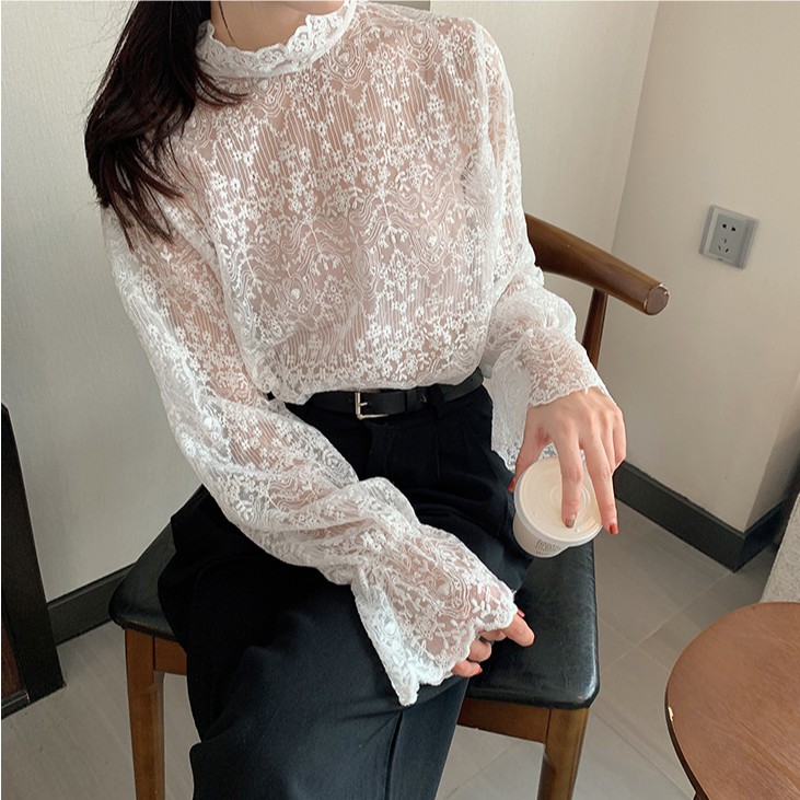Áo thun ren phối cổ lọ dài tay thời trang Hàn Quốc dành cho nữ sành điệu | BigBuy360 - bigbuy360.vn