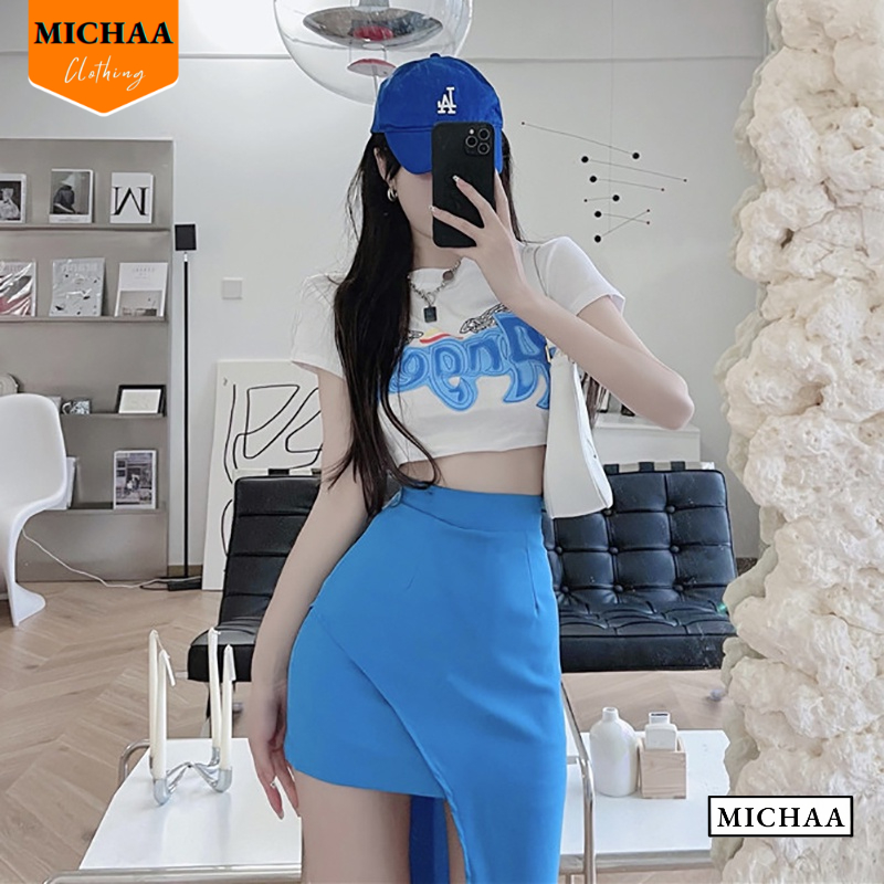 Áo Croptop Ôm Body Nữ ANGEL Cổ Tròn Tay Ngắn, Áo Thun Croptop Kiểu In Họa Tiết - MICHAA CR82