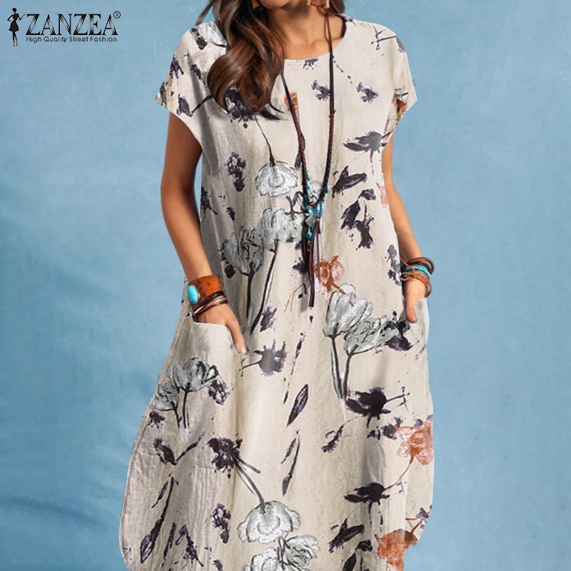 Đầm midi Zanzea tay ngắn cổ tròn in họa tiết hoa thời trang cho nữ