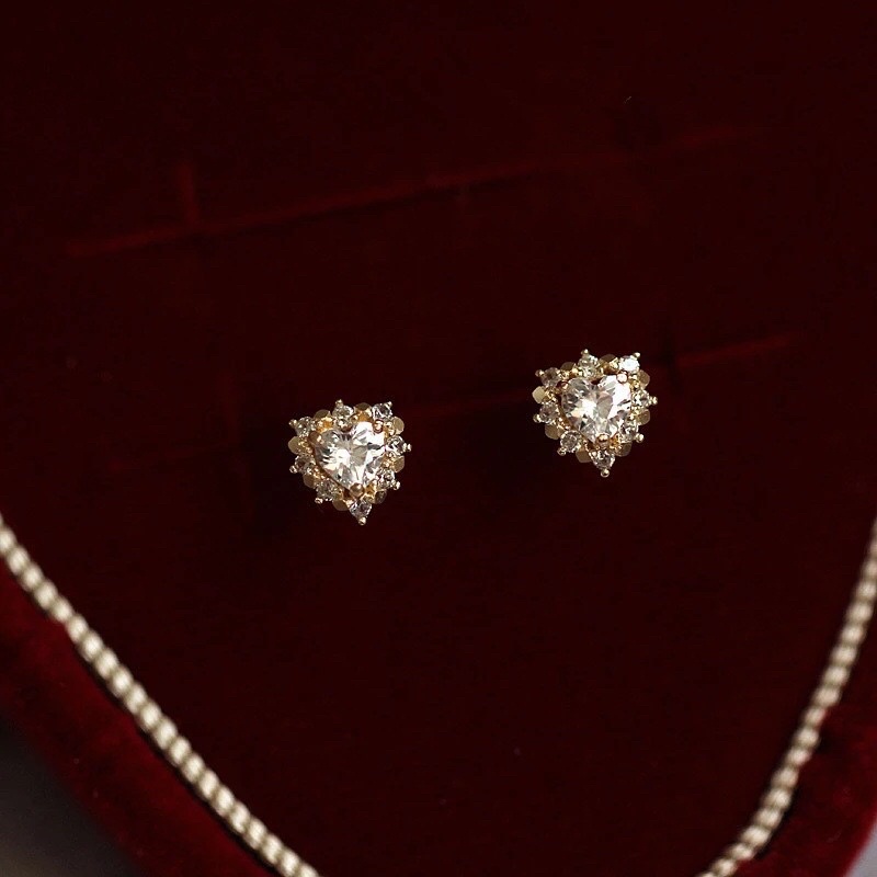 Bông tai đính đá hình trái tim sang chảnh, bông tai bạc đính đá pha lê nhân tạo hình trái tim mạ vàng 14k