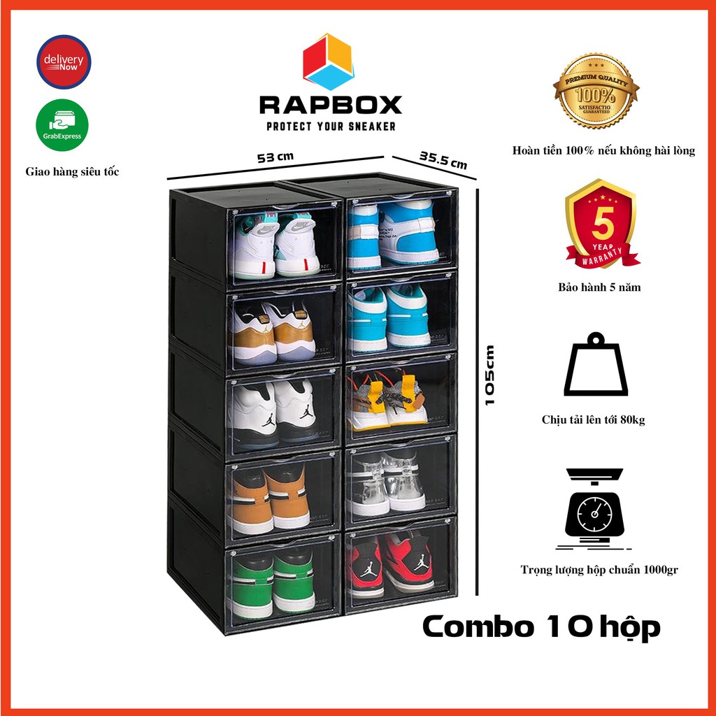 Combo 10 Hộp Đựng Giày Cao Cấp Nhựa Cứng Trong Suốt Cửa Mở Nam Châm RAPBOX - 10HRB, Hộp Size Lớn