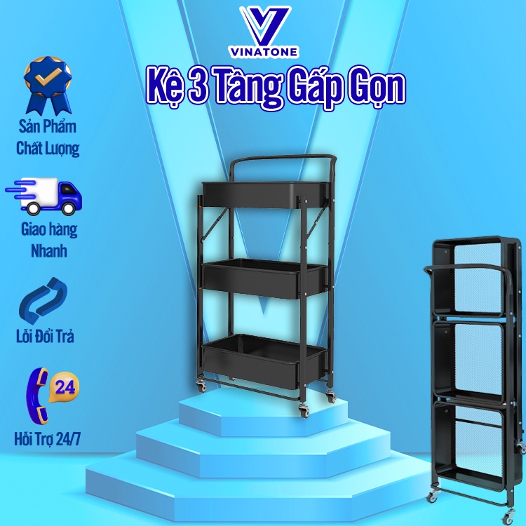 Kệ Để Đồ Gấp Gọn Đa Năng, Kệ Để Nhà Bếp Không Cần Lắp Đặt Loại 3 Tầng Có Bánh Xe Di Chuyển Khung Thép Chống Rỉ