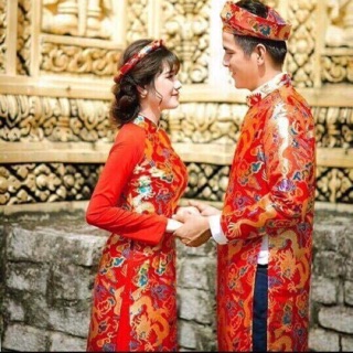 Cặp áo dài cưới gấm FOREVER LOVE kèm mấn, quần