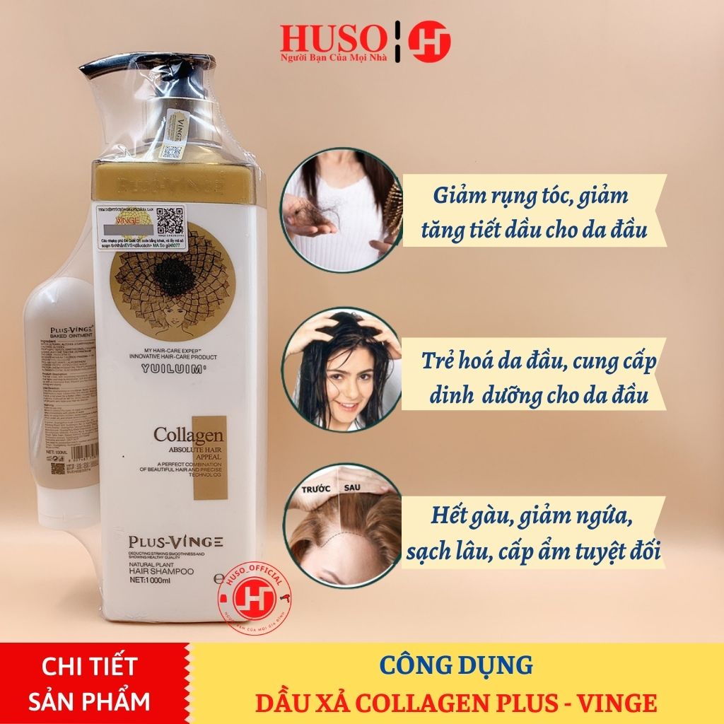 Dầu gội xả Biotin Collagen Vinge 1000ml làm dày, kích mọc tóc, phục hồi tóc hư tổn - HUSO