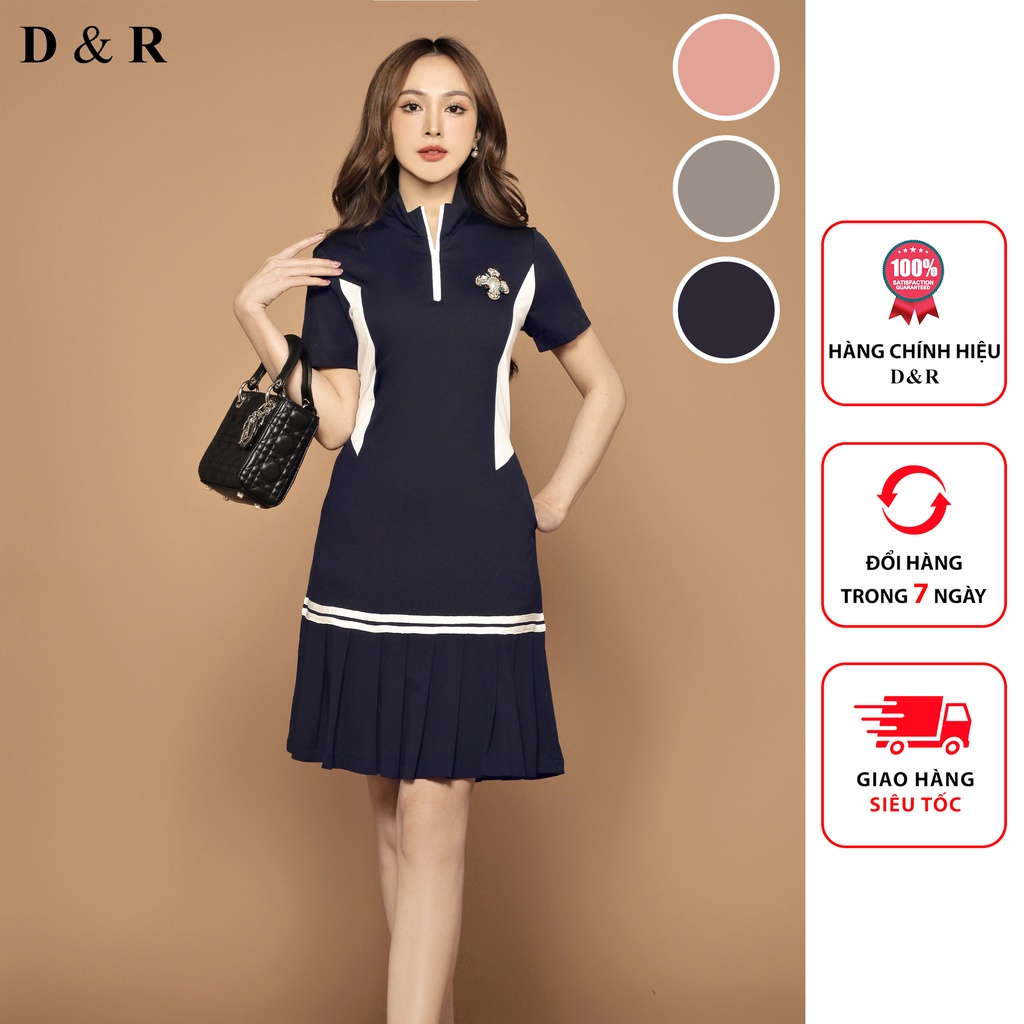 Đầm polo nữ bigsize logo đính đá Quảng Châu cao cấp váy thun cotton đuôi cá xếp ly thương hiệu thời trang D&R D049