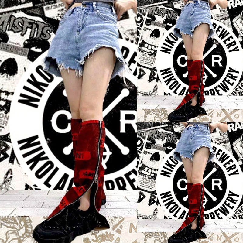 Xiangbao Vỏ Bọc Chân Loe In Chữ Goth Punk Hip Hop Harajuku Nhật Bản Màu Đỏ Giữ Ấm Có Khóa Kéo Bên Hông Cho Nữ