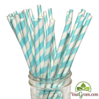 THANH LÝ GIÁ SỐC: 100 Ống hút giấy xanh pastel sọc trắng, 25 ống/gói