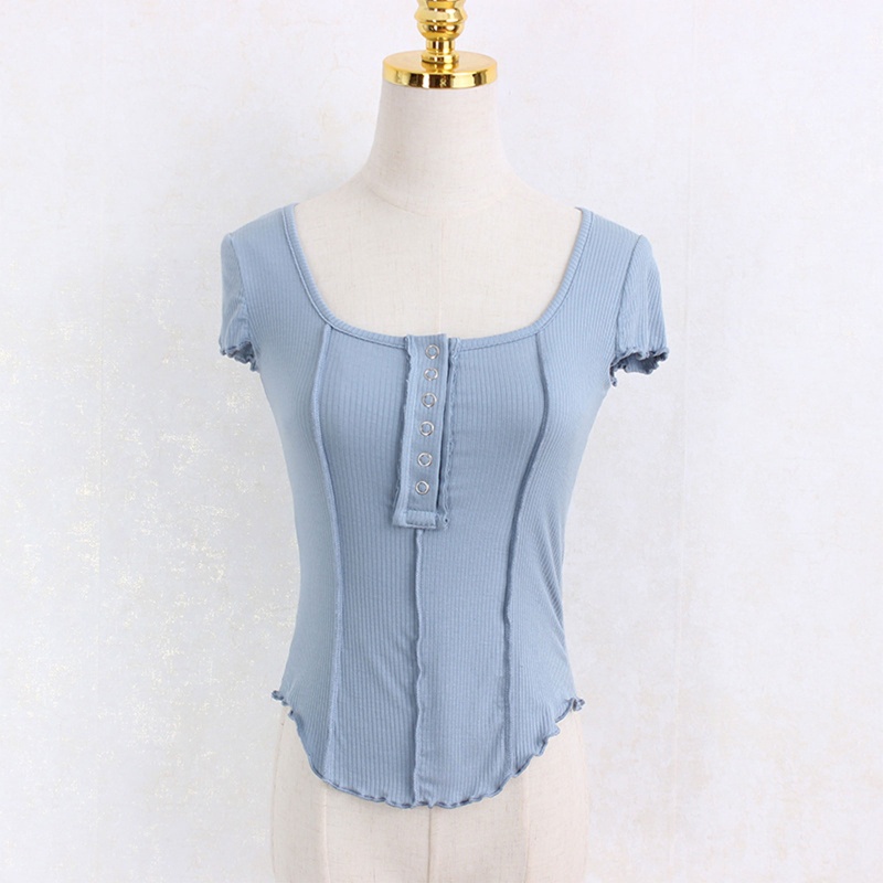 Áo Thun Nữ Ngắn Tay Cổ Chữ U Cài Nút Thời Trang