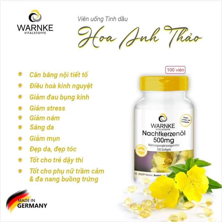 Tinh dầu hoa anh thảo WARNKE Nachtkerzenol 500mg giúp làm đẹp da tóc cân bằng nội tiết của Đức